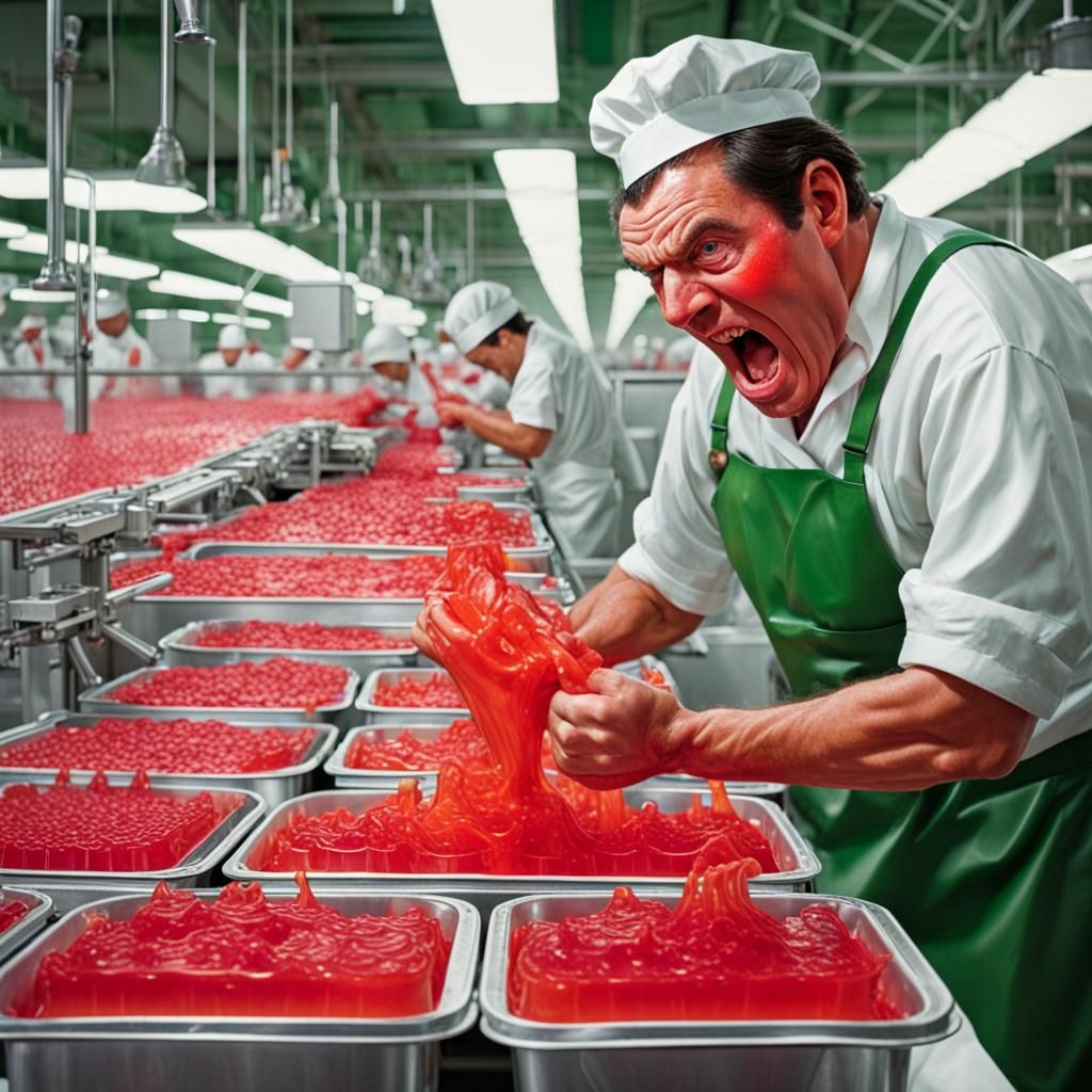 Enraged Man Works Hard in Jello Factory