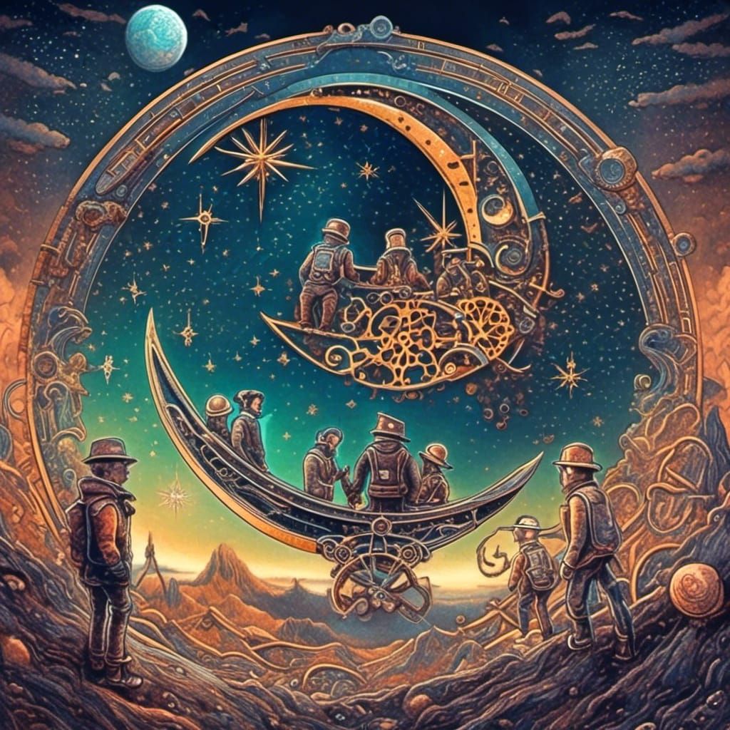 Astronauts Carving a Moon: Holographic Astral Illustration