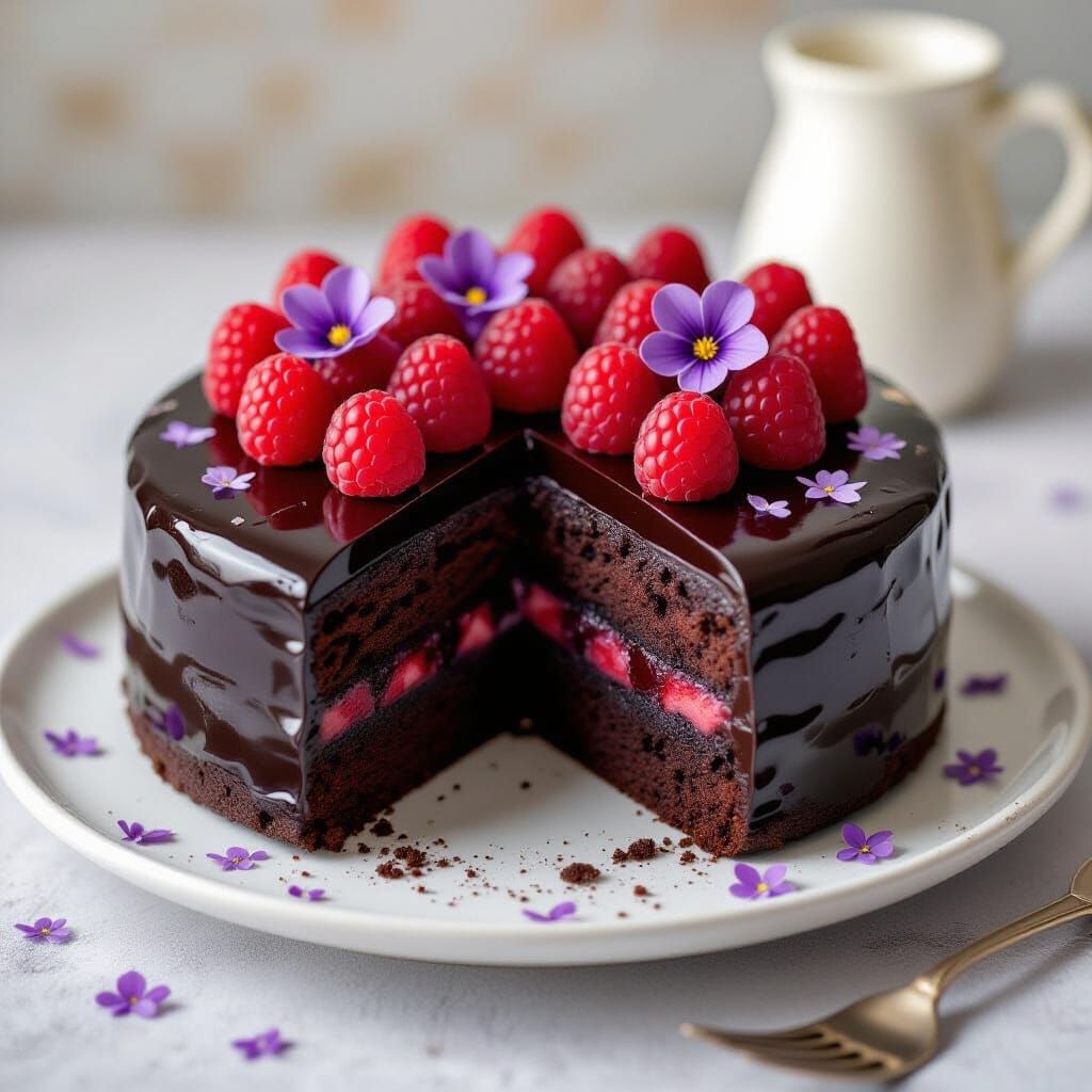 Black Forest Cake with Raspberries and Sugar Violets