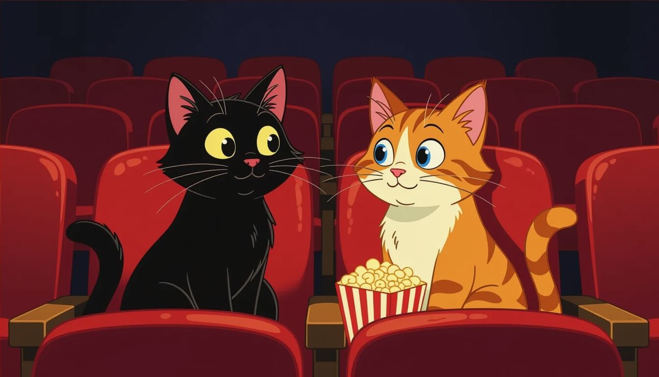 Cats Watching Movie in Vintage Cartoon Style