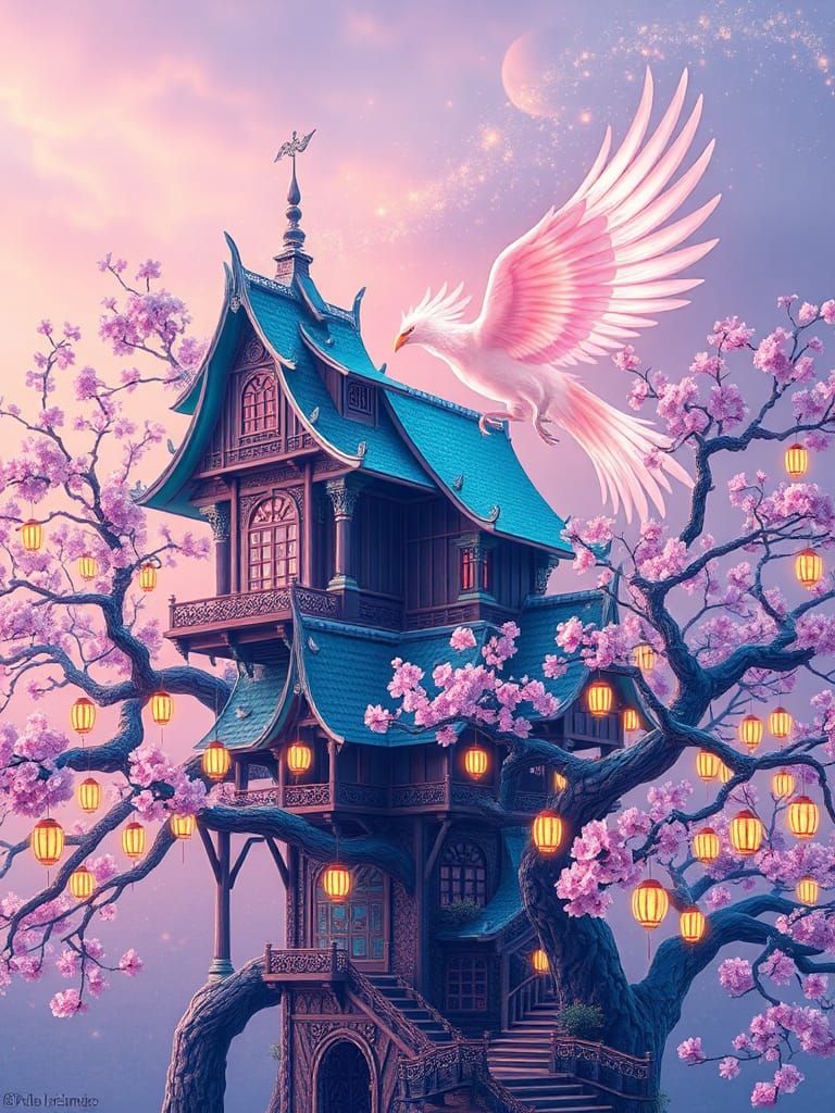 Cherry Blossom Treehouse Castle with Bioluminescent Phoenix
