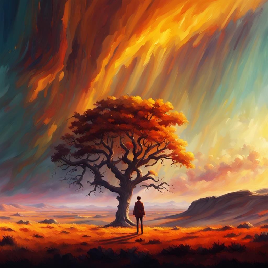 Vibrant Oil Painting of a Lone Figure in a Triadic Landscape