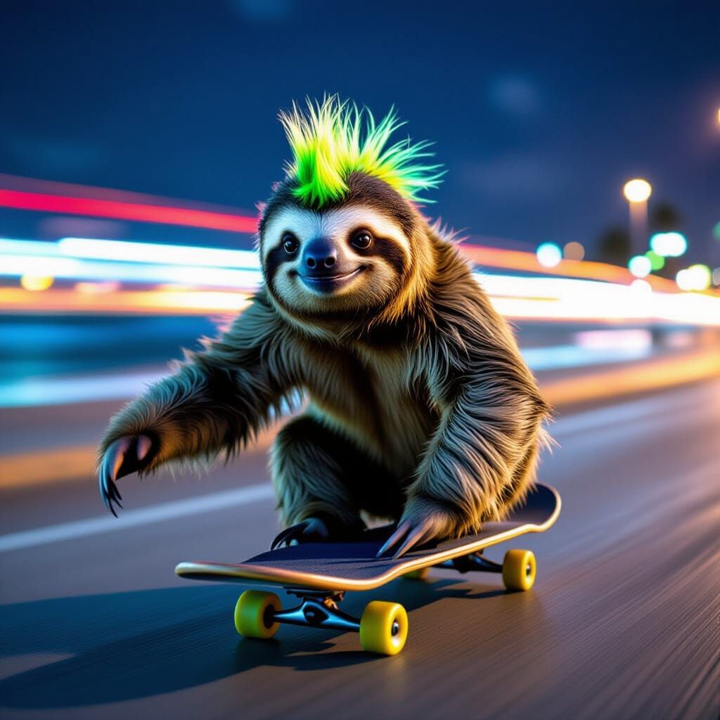 Sloth Skateboarder Speeding at Night Beach