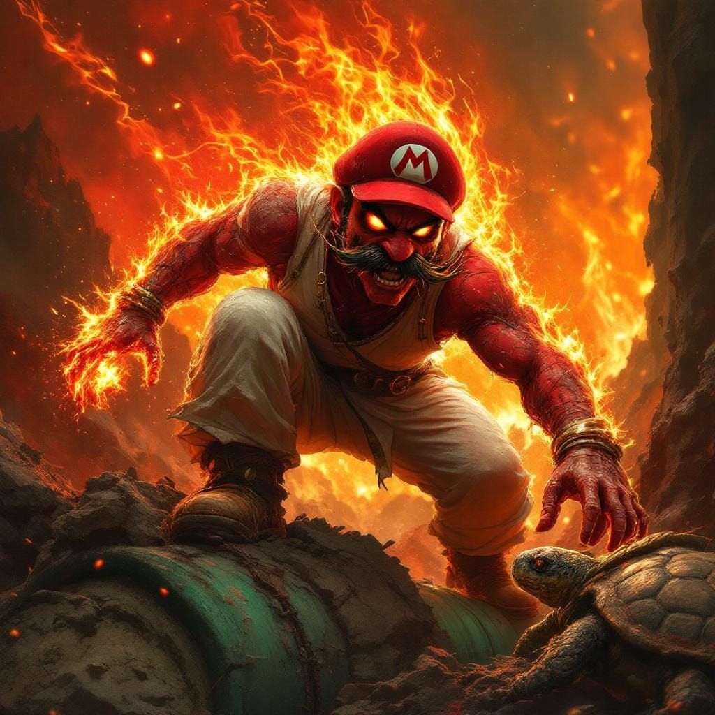 Fiery Super Mario in Dark Fantasy Renaissance Style