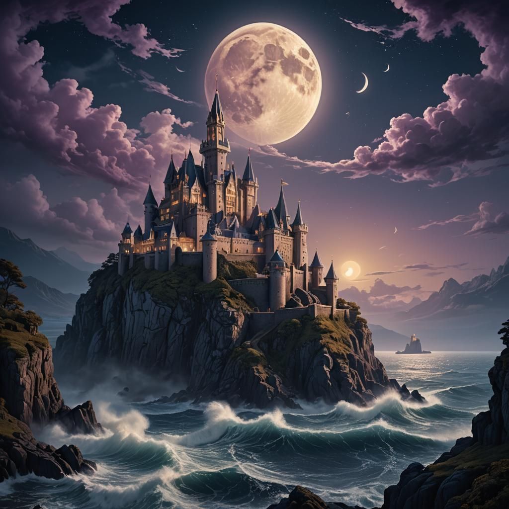 Majestic Castle Seascape in Neoclassical Style