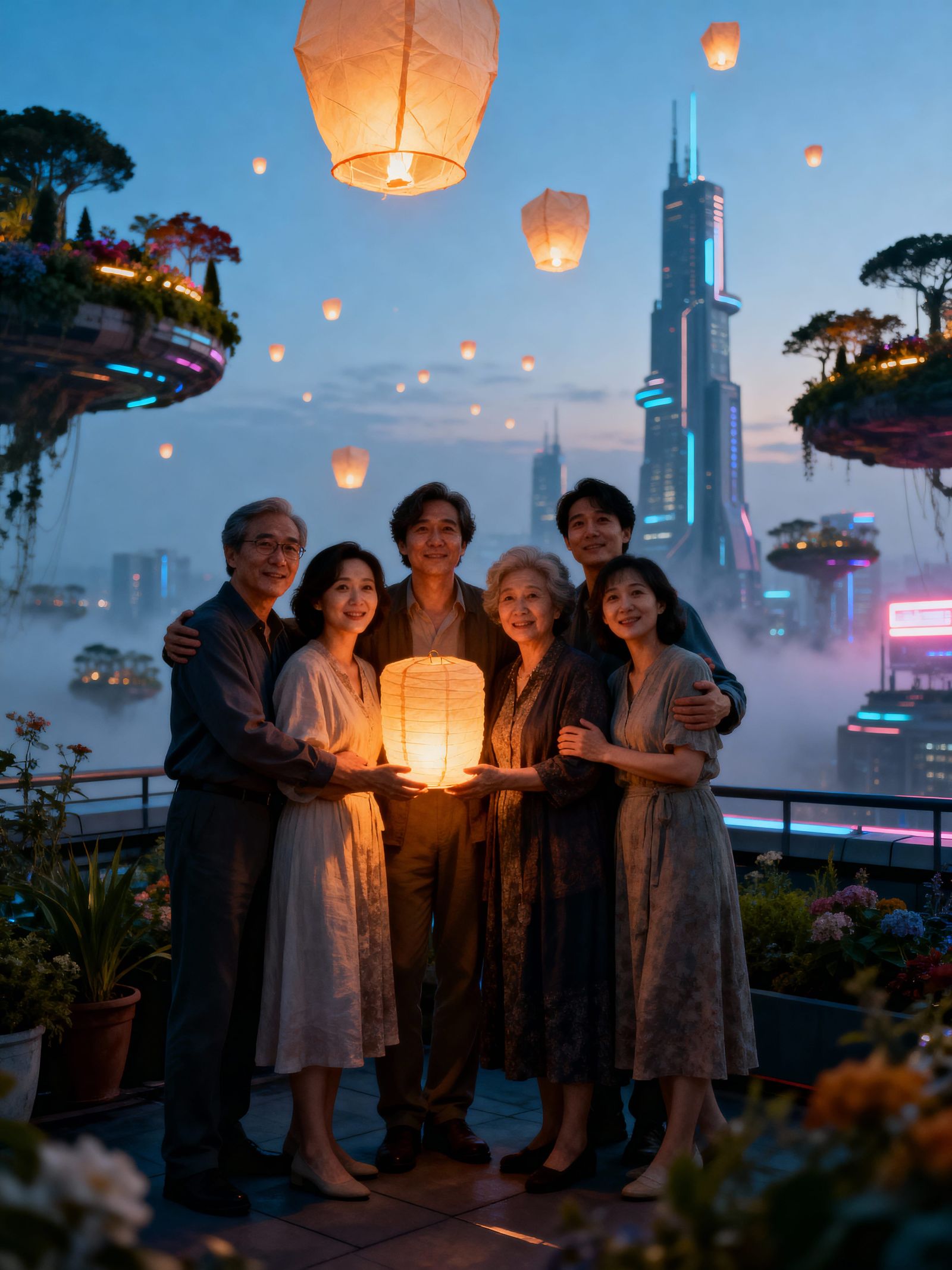 Futuristic Reunion Snapshot at Dusk