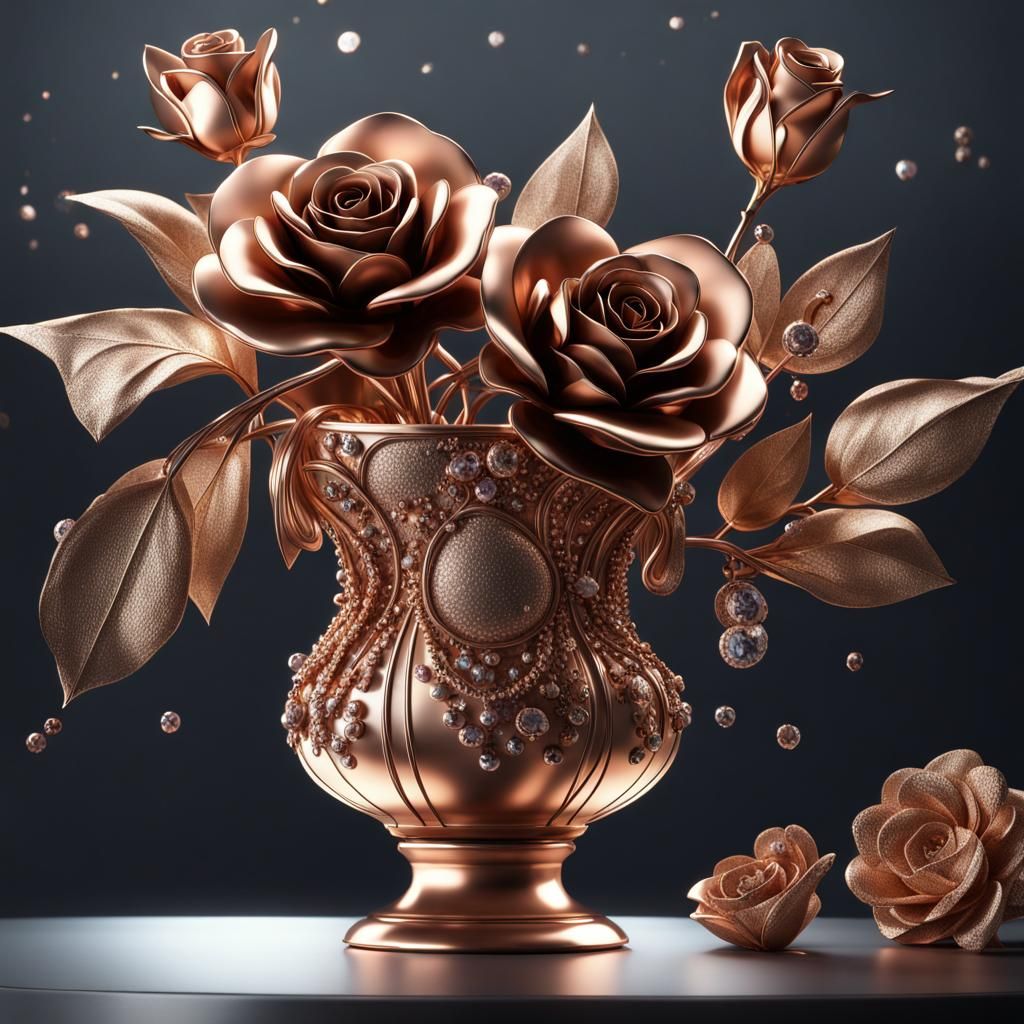 Metal Rose Gold Flowers in Gold Vase