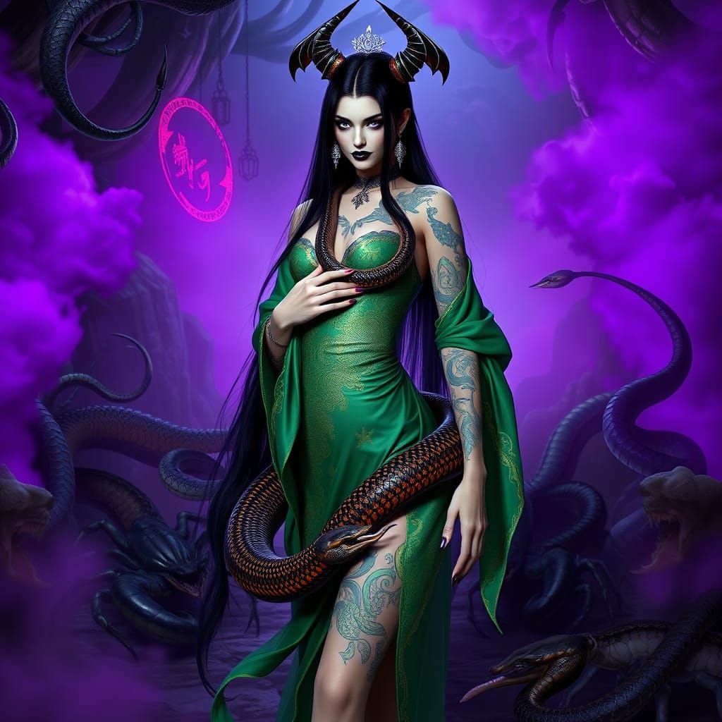 Evil Chinese Mistress with Snake in Dark Fantasy Style