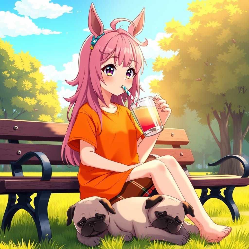 Serenely Happy Girl with Pink Hair and Horse Ears Sits on Mo...