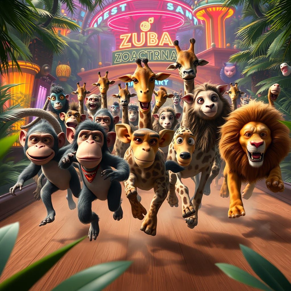 Wild Animal Stampede: Fantastical Zoo Breakout in Neon Dream...