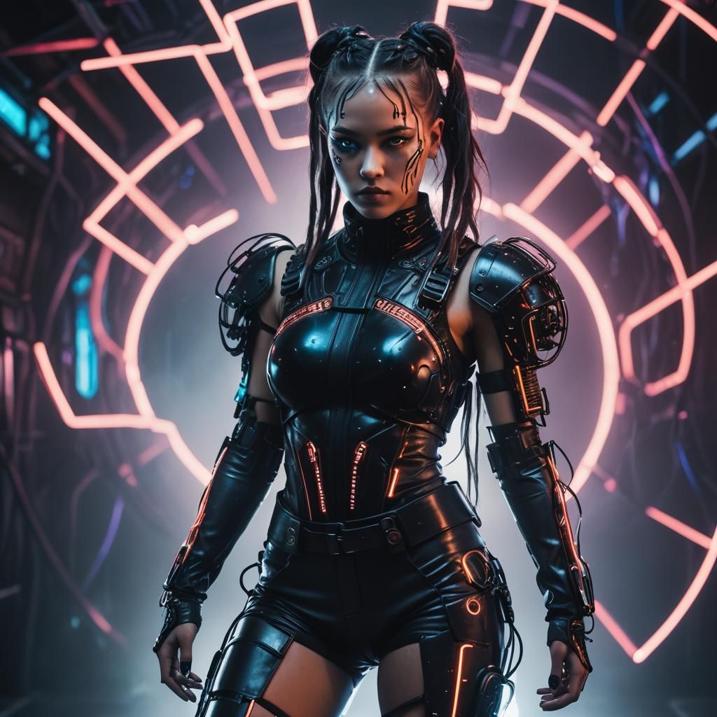 Cyborg Fashion Model on Neon Catwalk in Cyberpunk Style