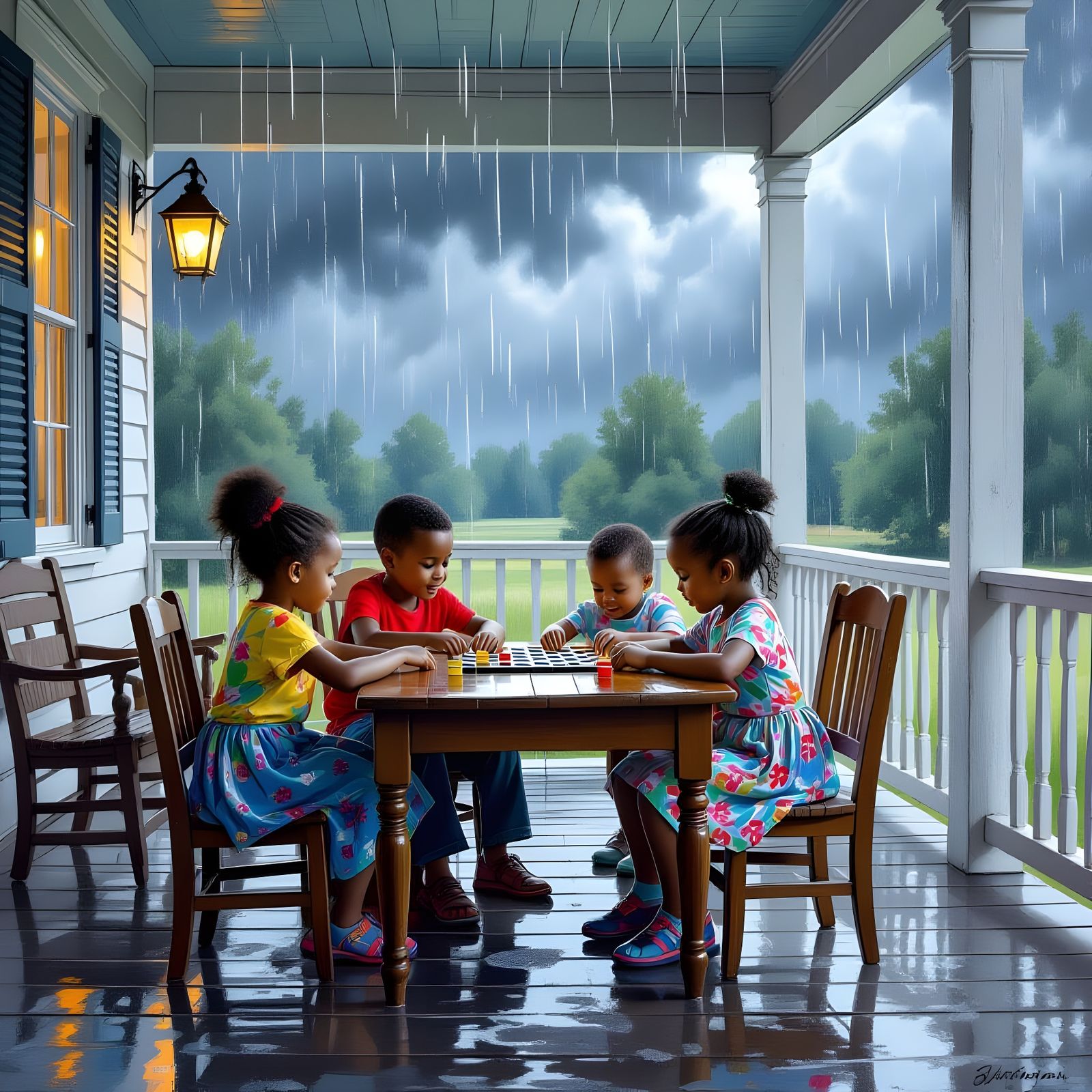Children Playing Checkers on Rainy Porch