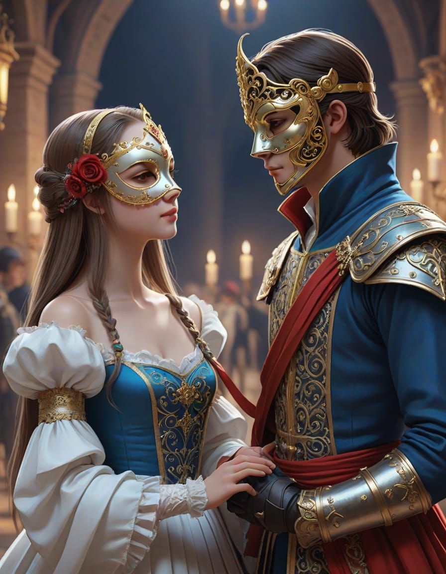 14th Century Masquerade Ball Scene of Star-Crossed Lovers