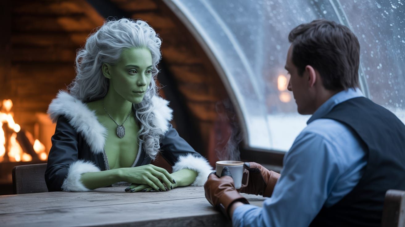 Alien Woman Contemplating in Snowy Dome