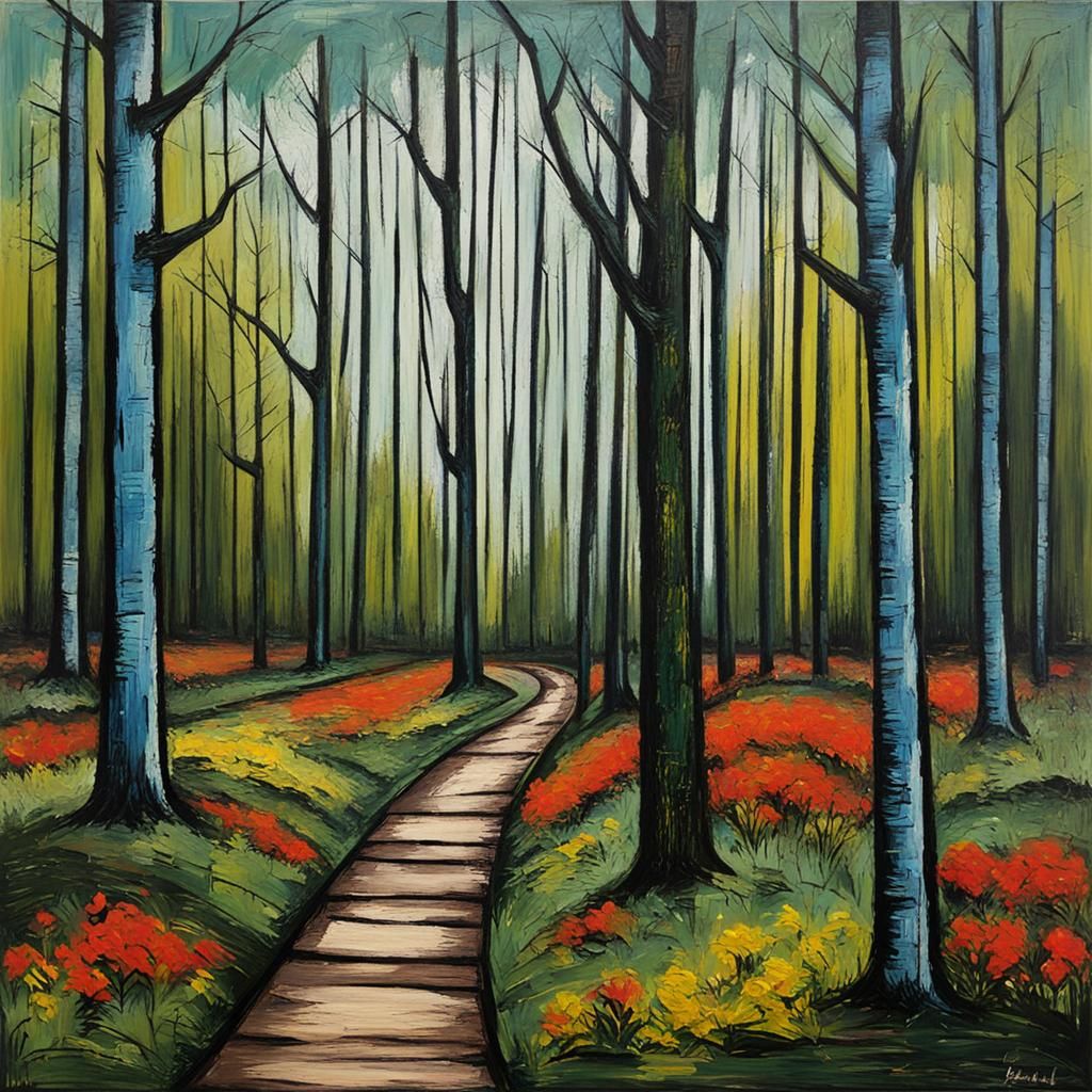 Spring Dawn Forest in Expressionist Style