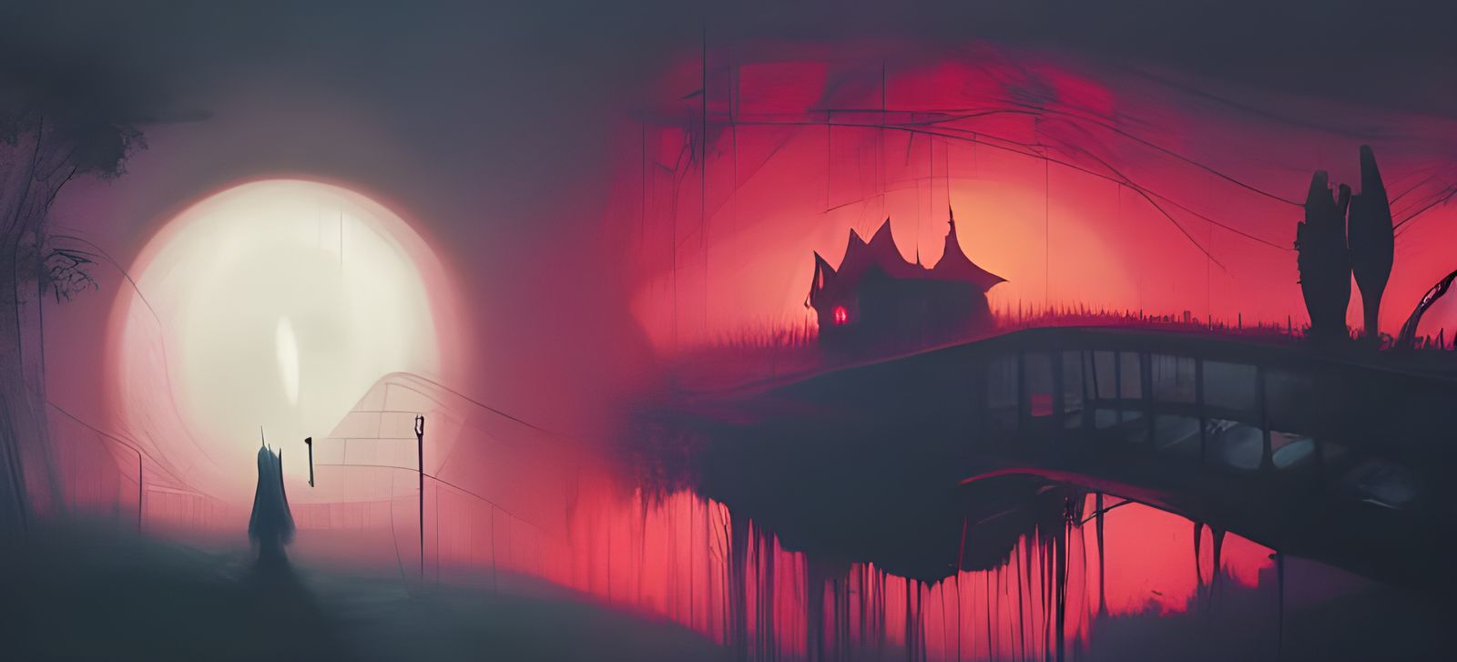 Macabre Halloween Landscape with Ghosts and Monolith