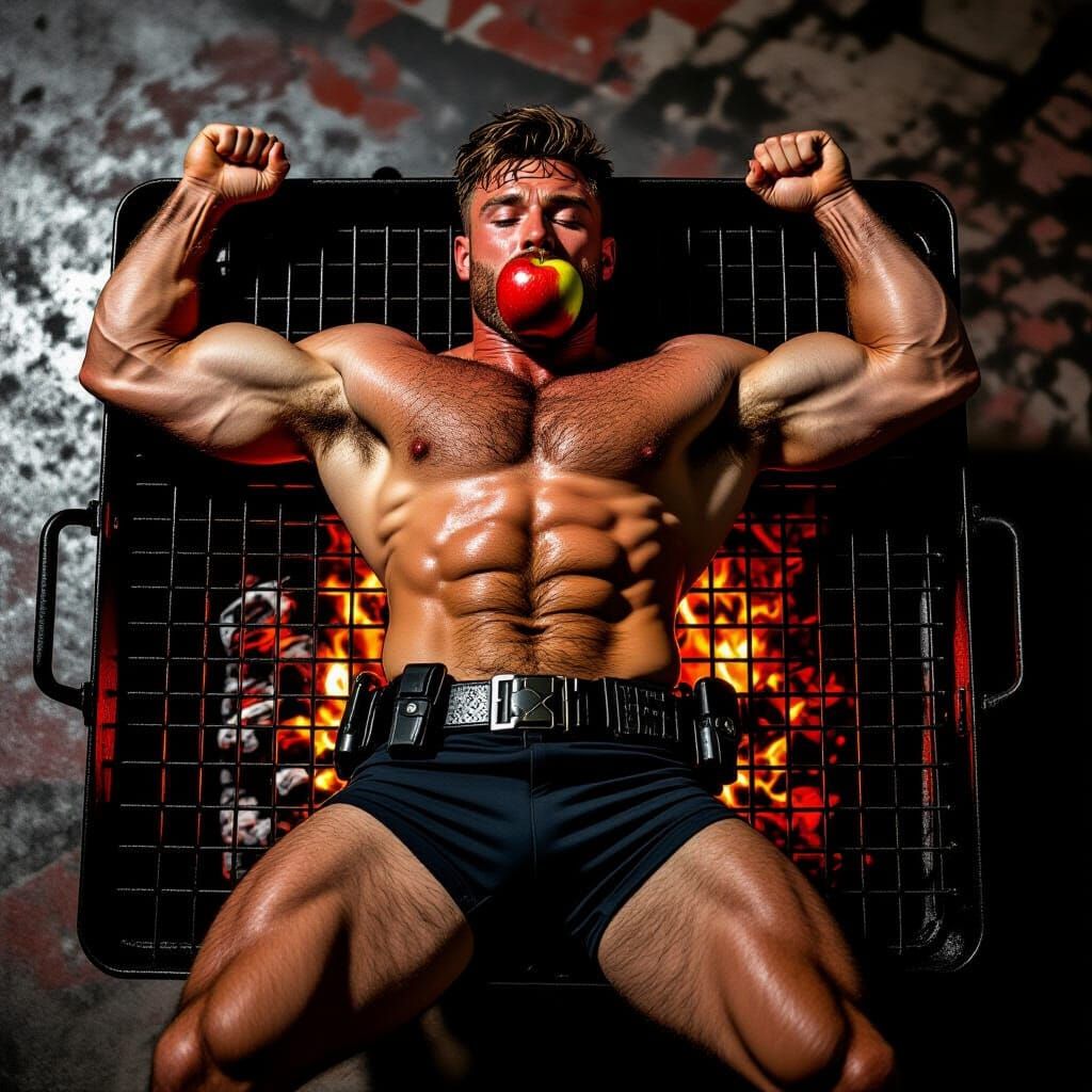 Muscular Man Tied to Grill in Gritty Realistic Style