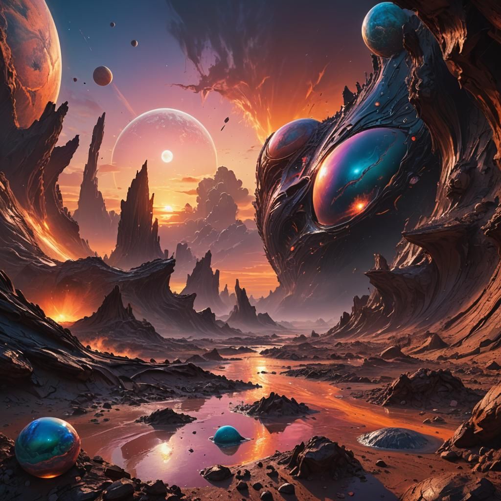 Alien Sunset: Hyperrealistic Splash Art