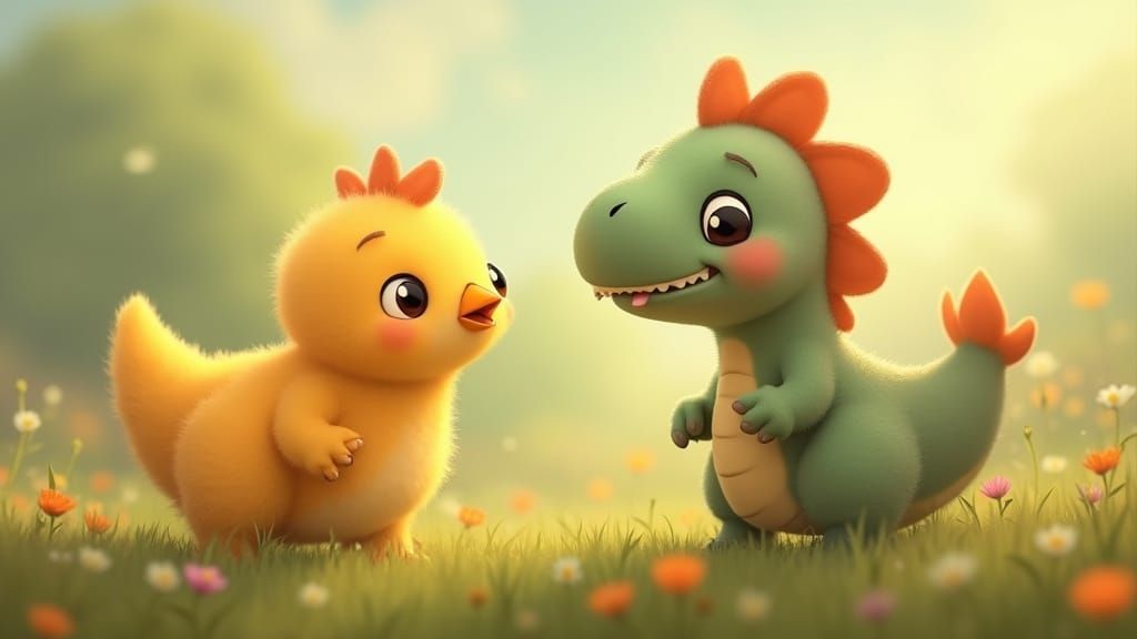 Cute Chicken Meets Shy Dinosaur in Wildflower Meadow