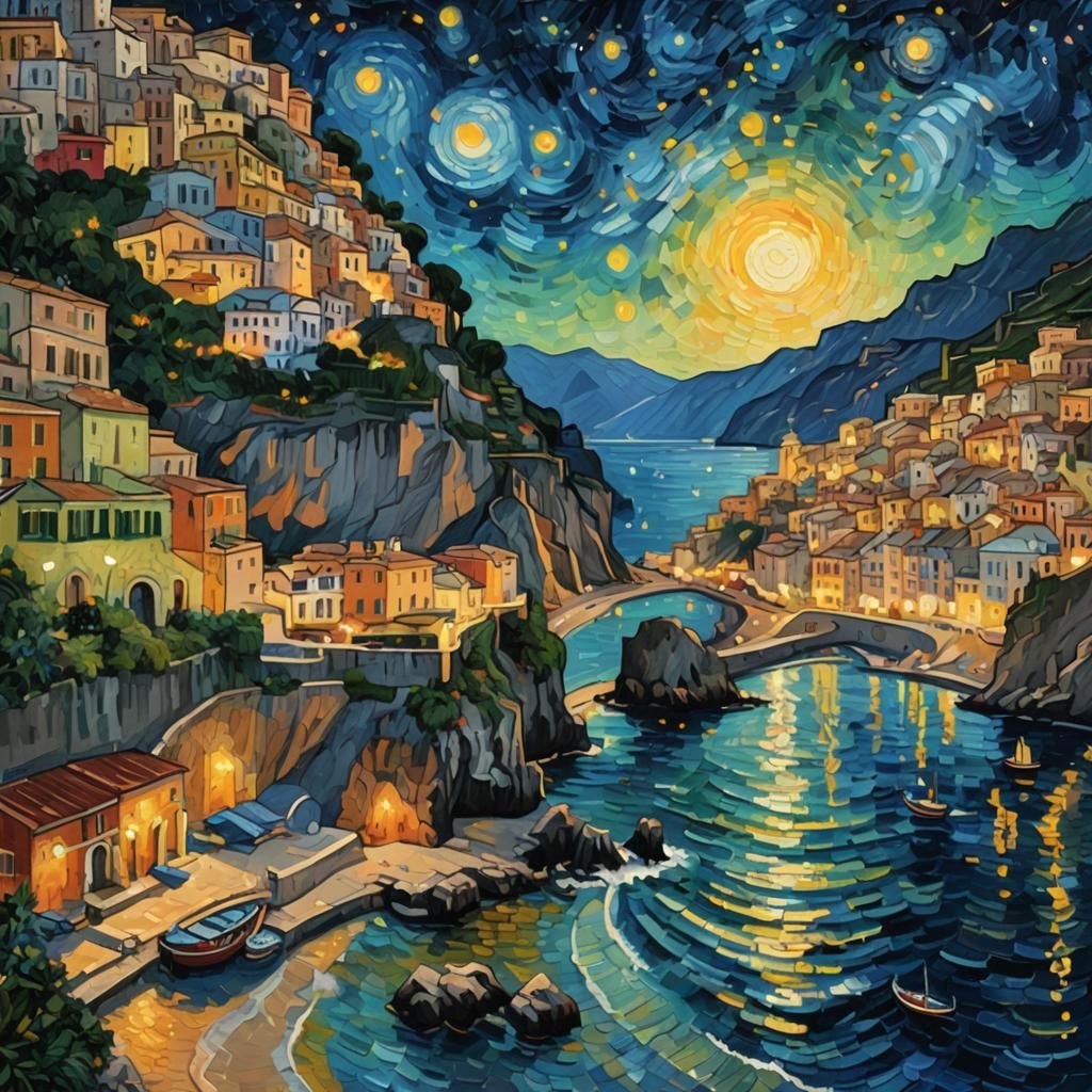 Amalfi Coast Painting in Post-Impressionist Style