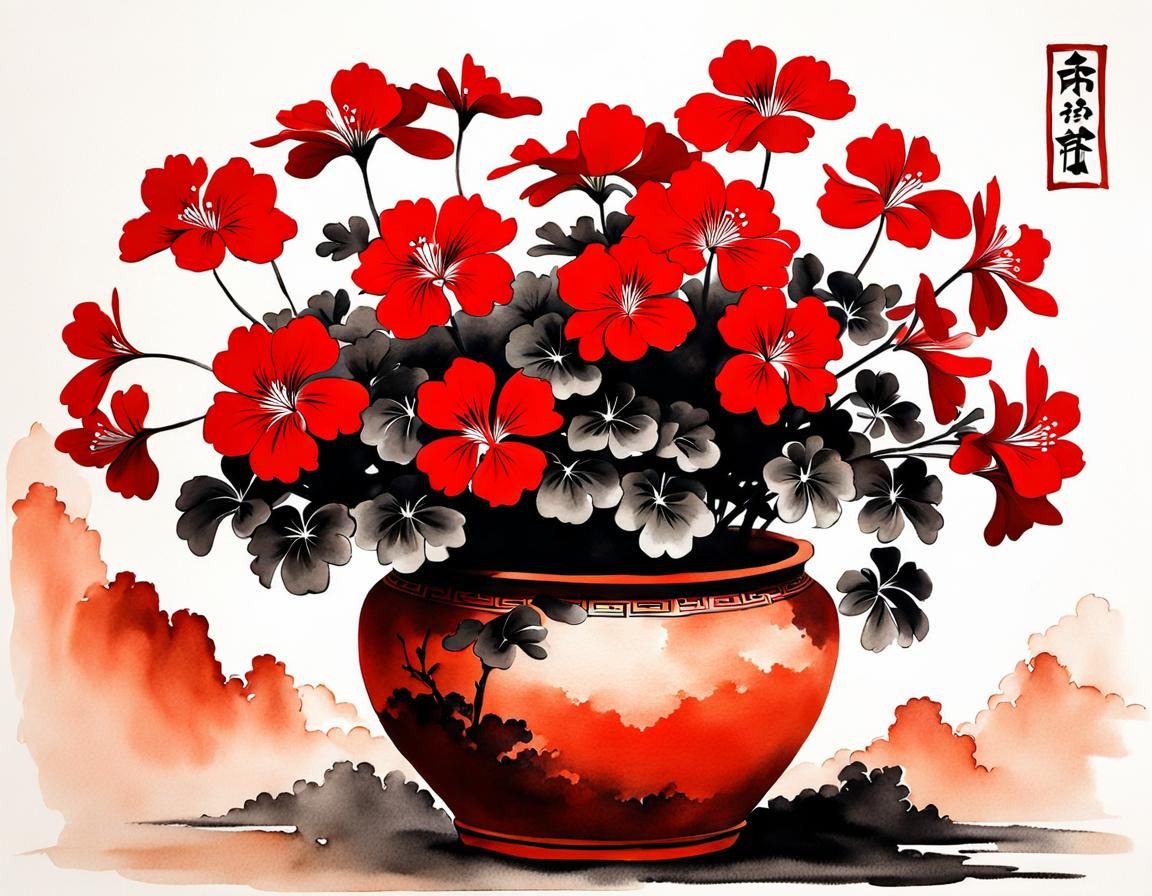 Red Pelargonium in Chinese Ink Painting Style