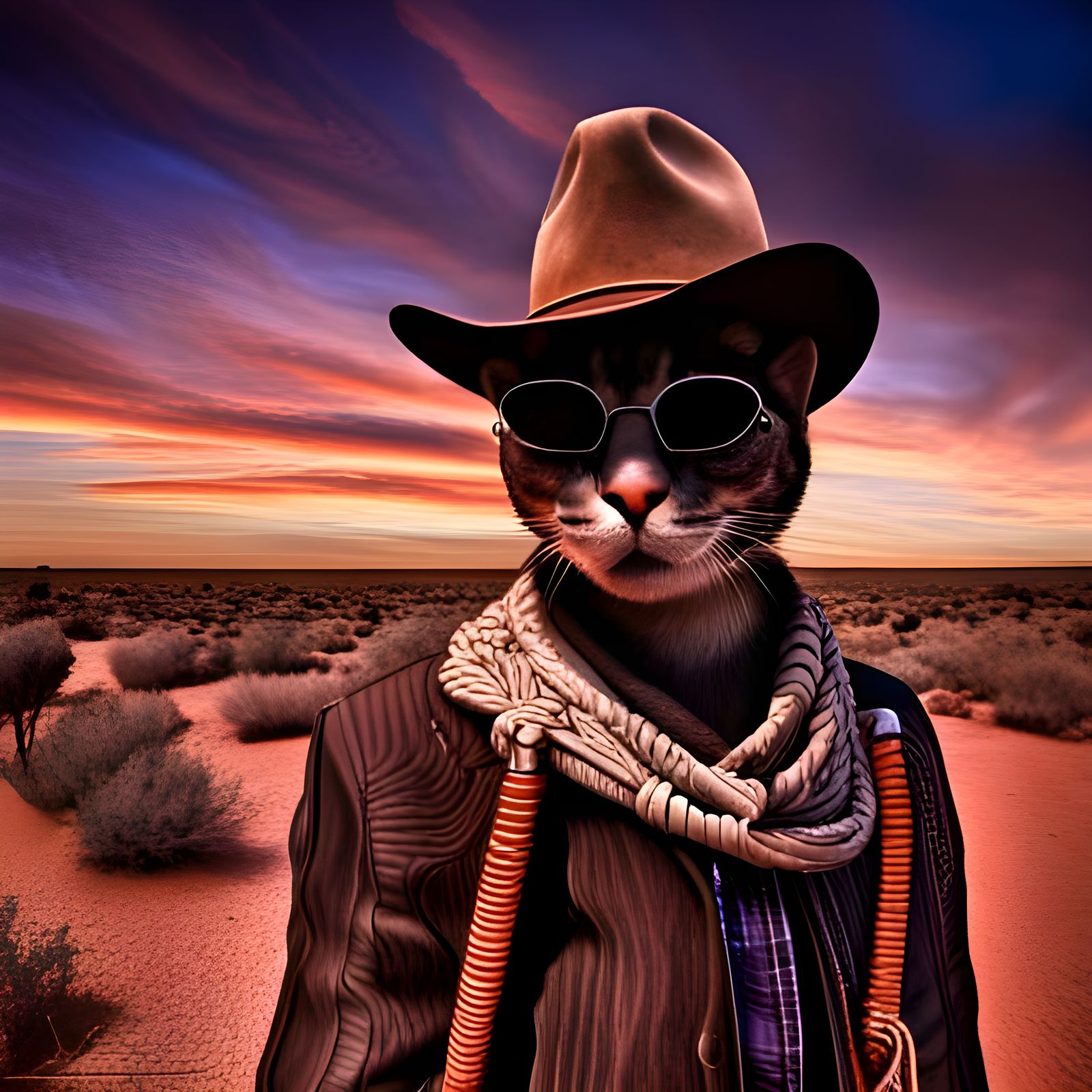Hyperreal Cat Cowboy in Rugged Desert Landscape