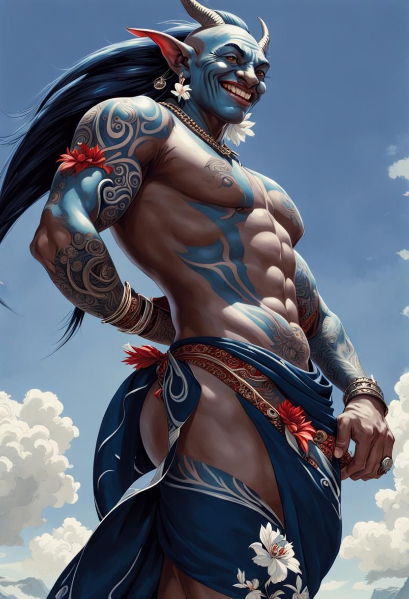 Blue Maori Goblin in Art Nouveau Style