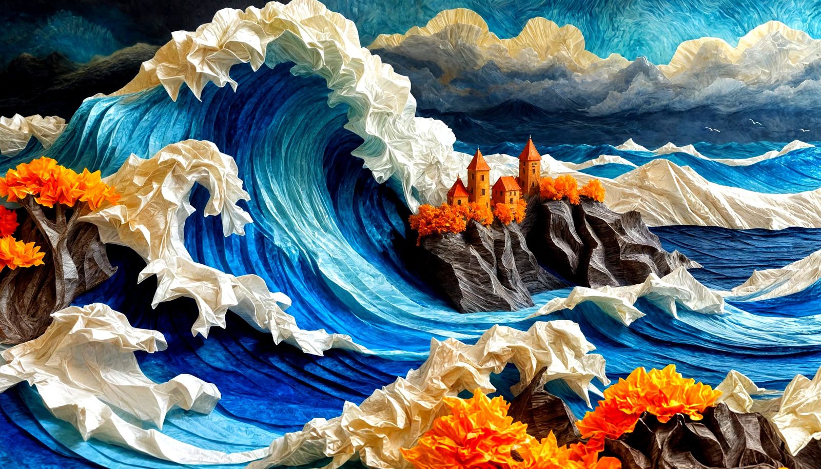 Vibrant Paper Waves in Dramatic Landscape Art
