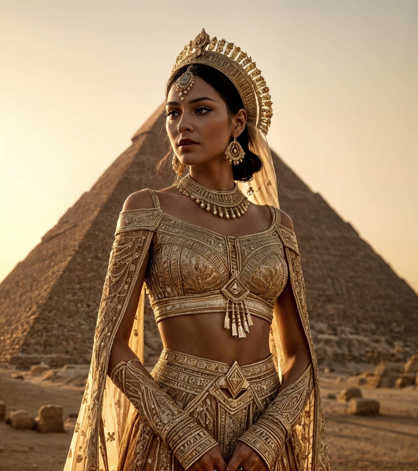 Egyptian Noblewoman in Golden Regalia at Giza Pyramids