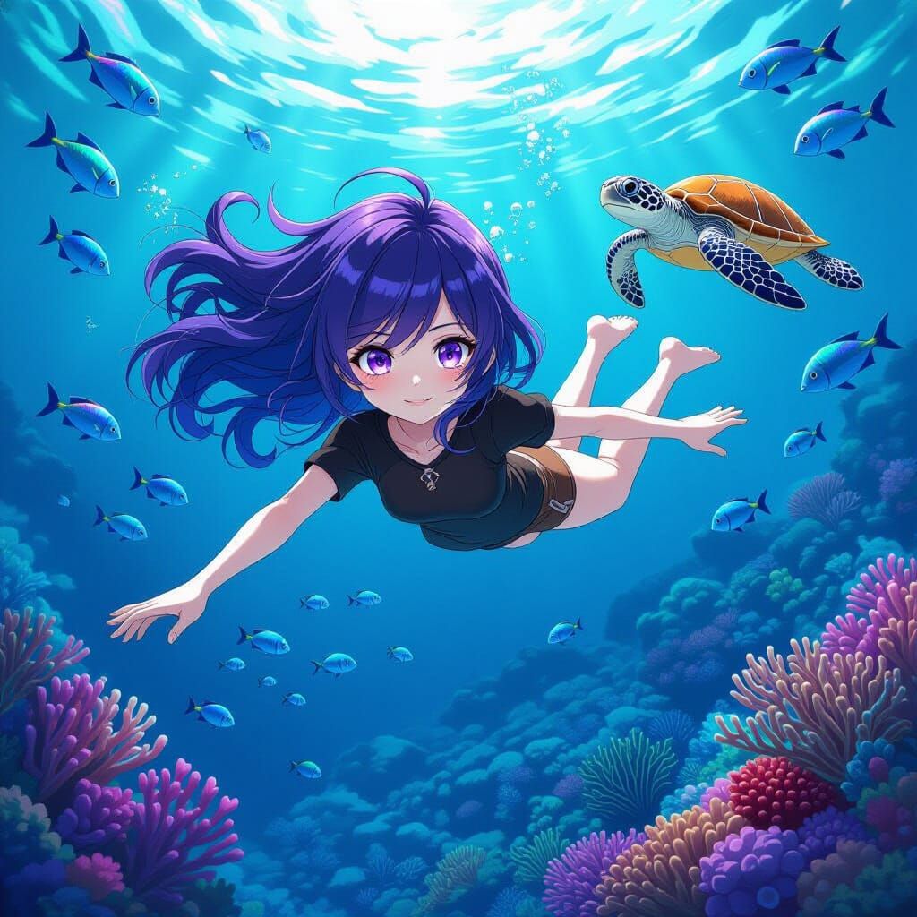 Anime Girl Swimming to Coral Reef in 8K