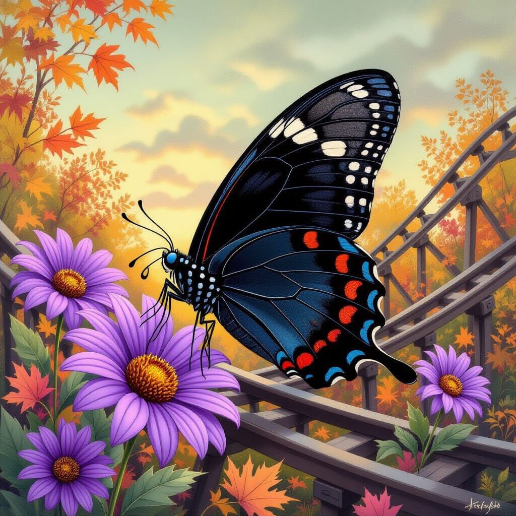 Plush Butterfly on Daisies with Autumn Leaves