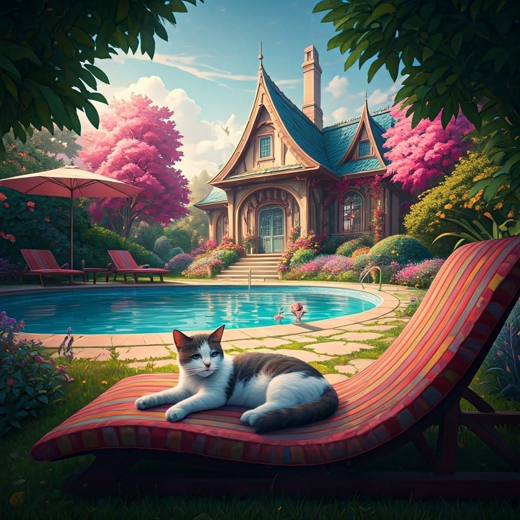 Whimsical Cat Lounges in Vibrant Storybook Garden Oasis