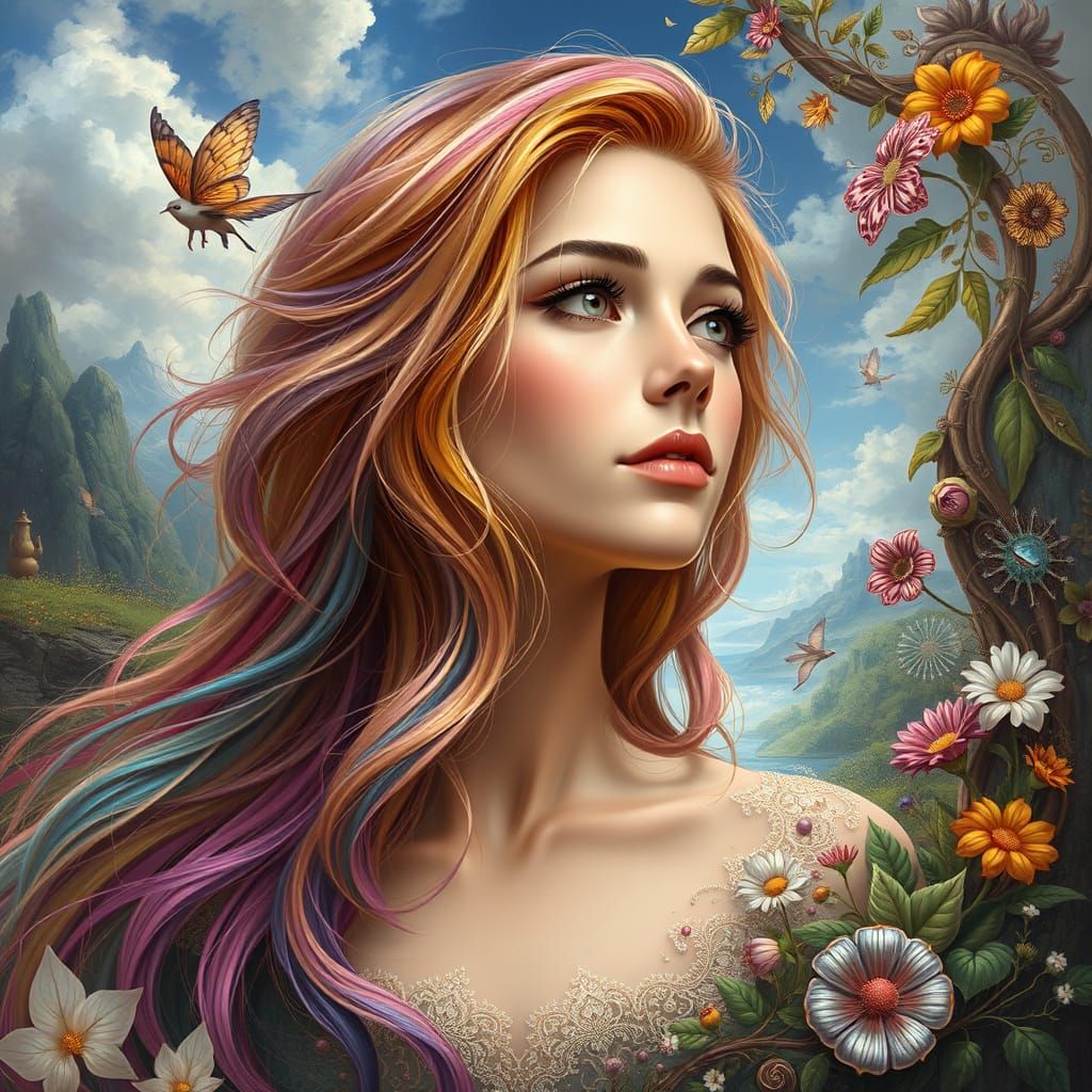 Realistic Digital Painting of Woman with Rainbow Hair in Whi...