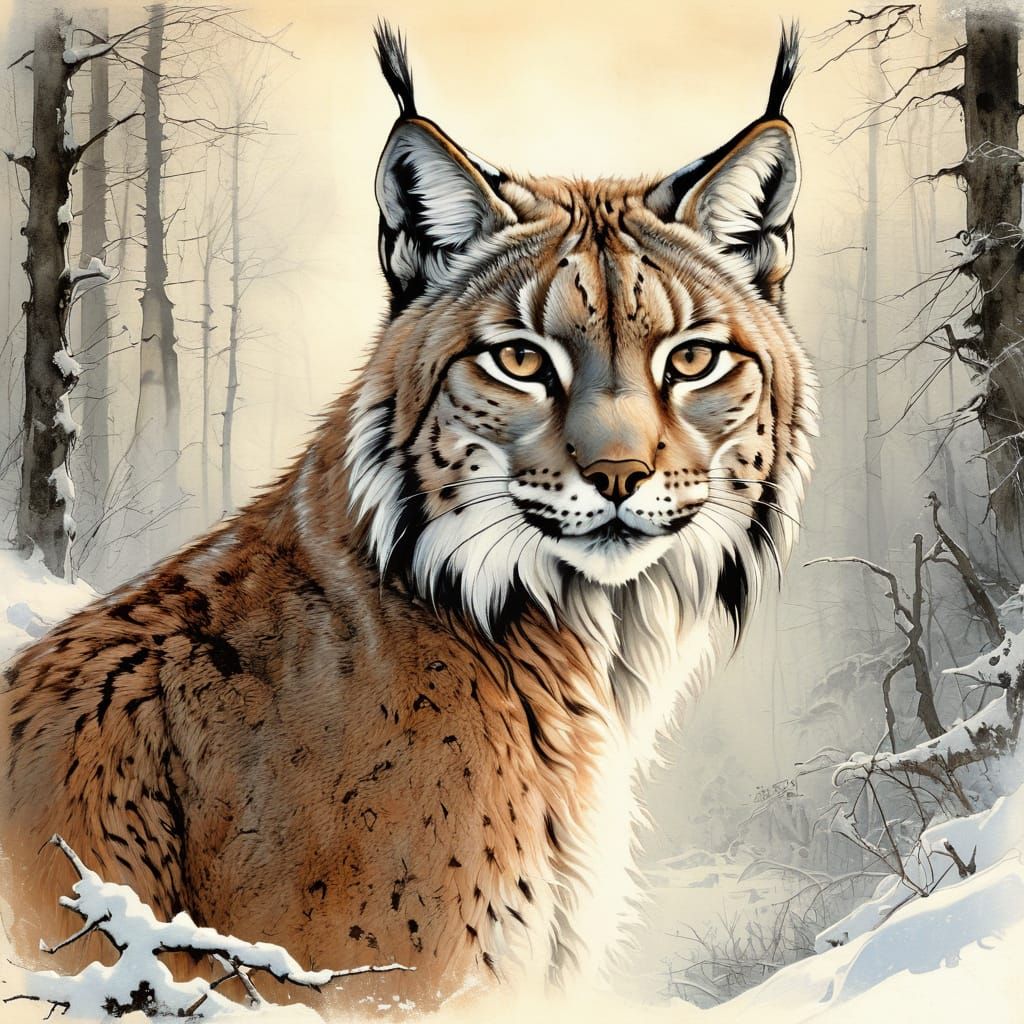 Beautiful Lynx in Winter Forest Illustration