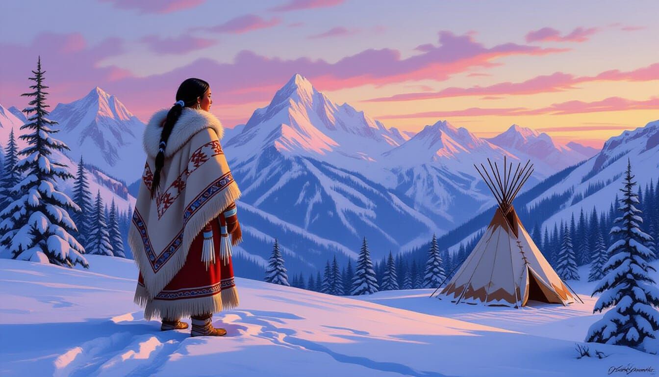Native American Woman on Snowy Mountain at Dawn