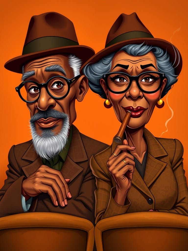 Stylized Portrait of Older African American Couple in Fedora...