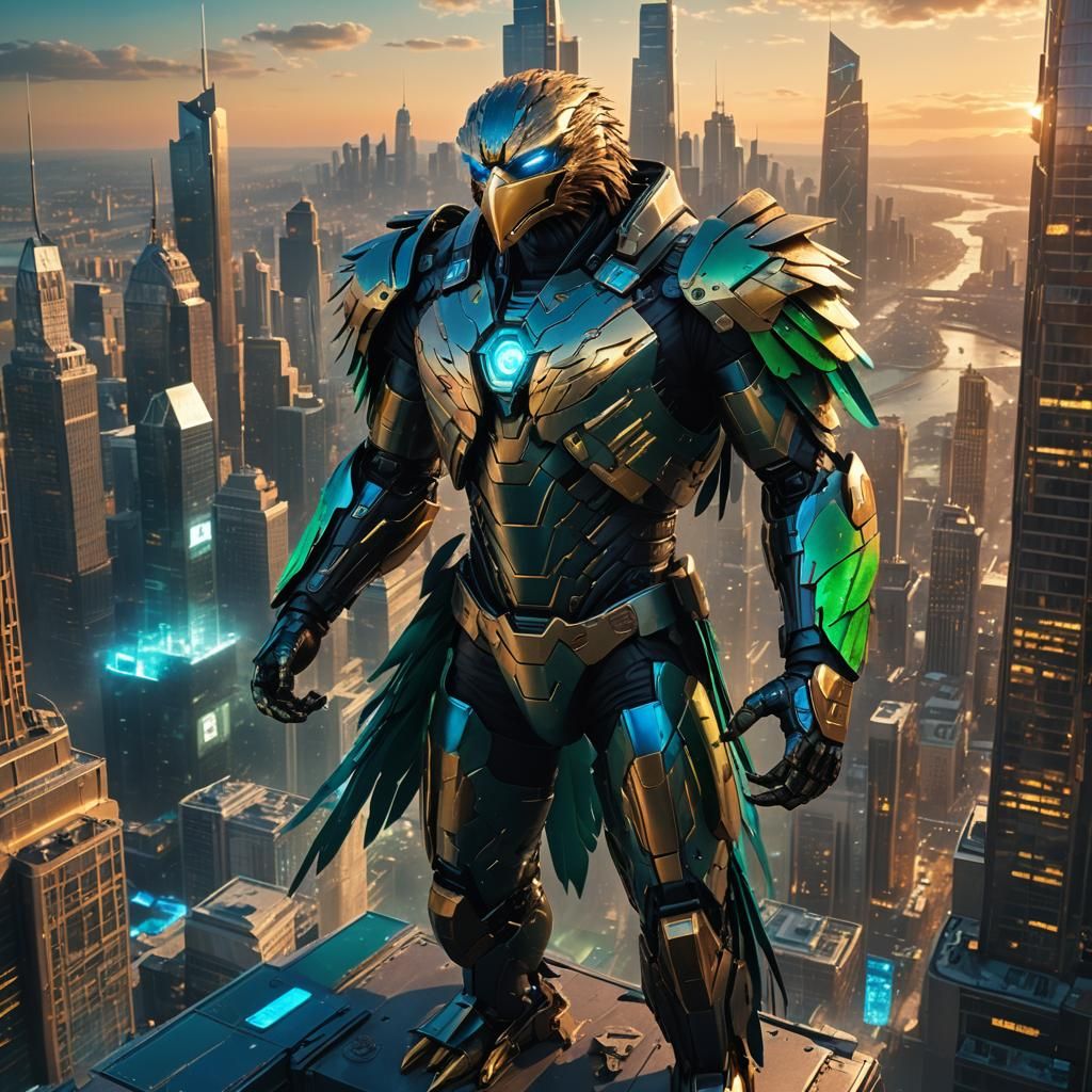 Android Eagle on Skyscraper in Futuristic Cityscape