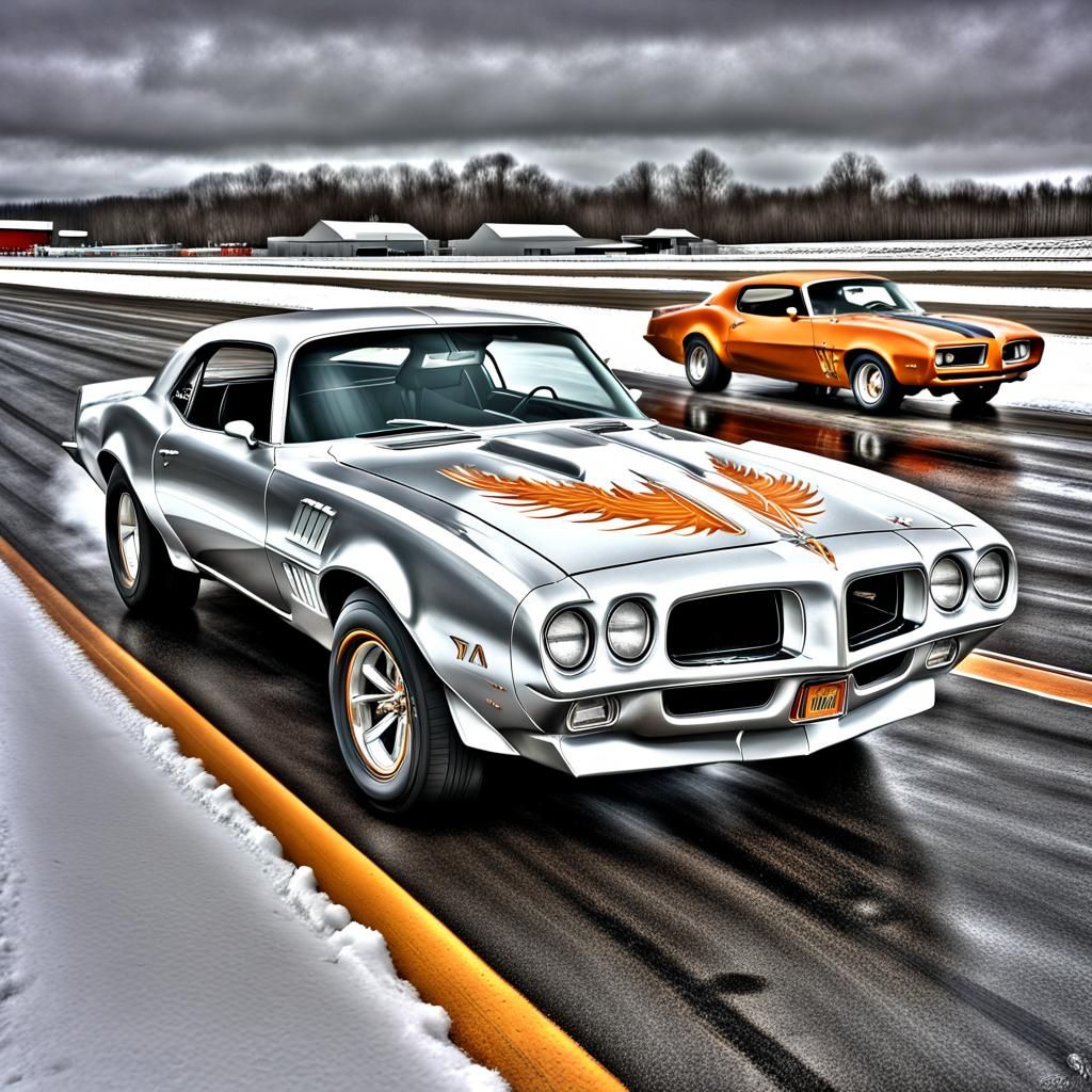 Pontiac Firebird Races Hotrod in Hyperrealistic Track Scene