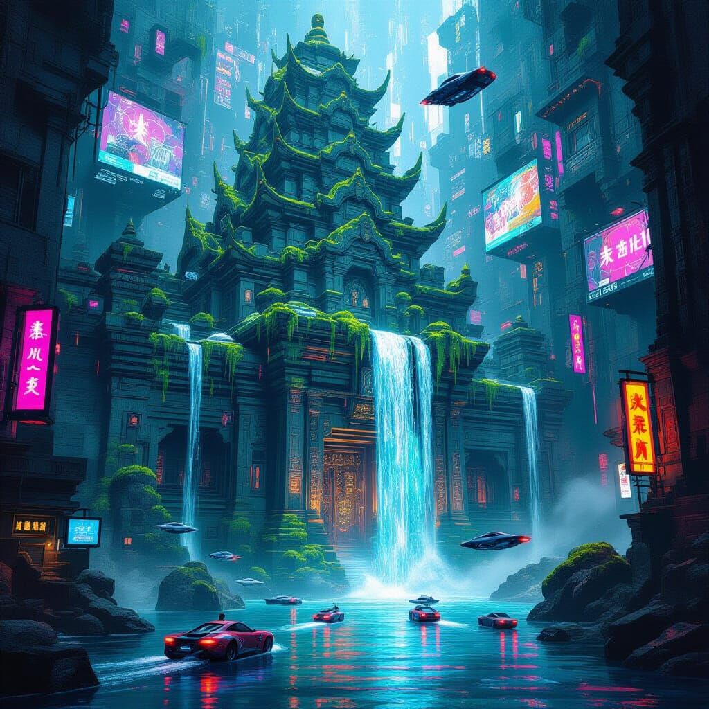 Cyberpunk Temple in Futuristic Cityscape