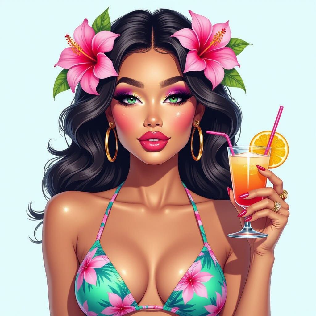 Sassy Woman in Tropical Swimsuit, Goth Barbie Style