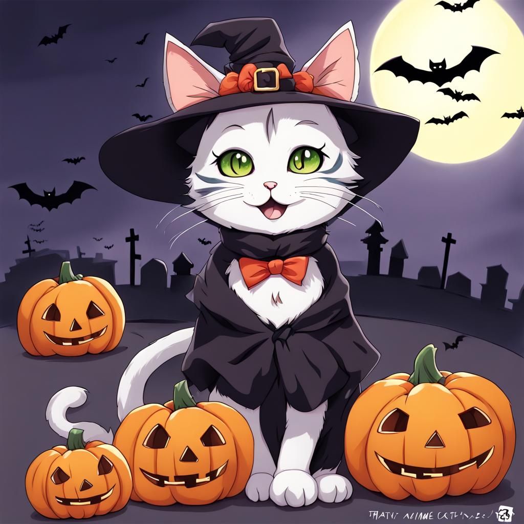 Cute Halloween Cat in Anime Style