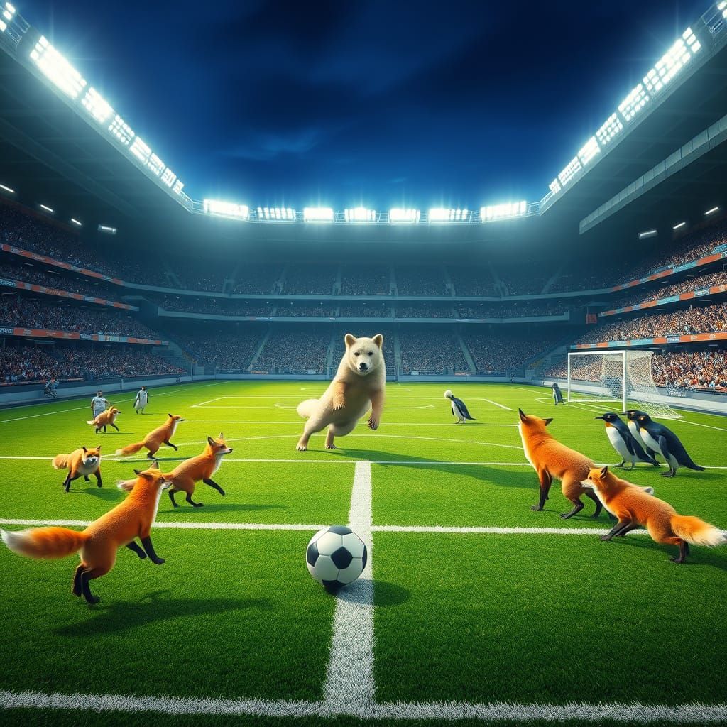 Surreal Animal Soccer Match in Packed Stadium