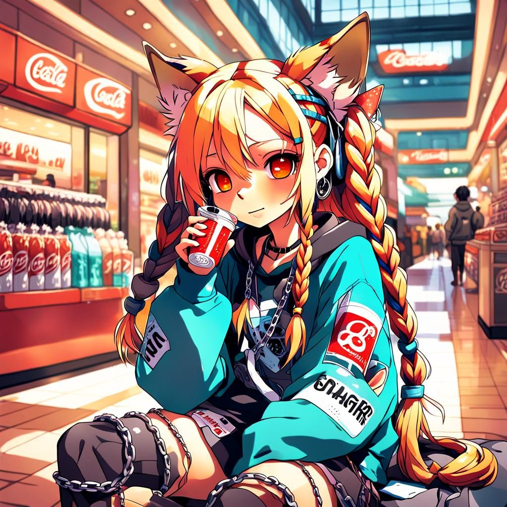 Anime Dog Girl Drinks Soda in Shopping Mall