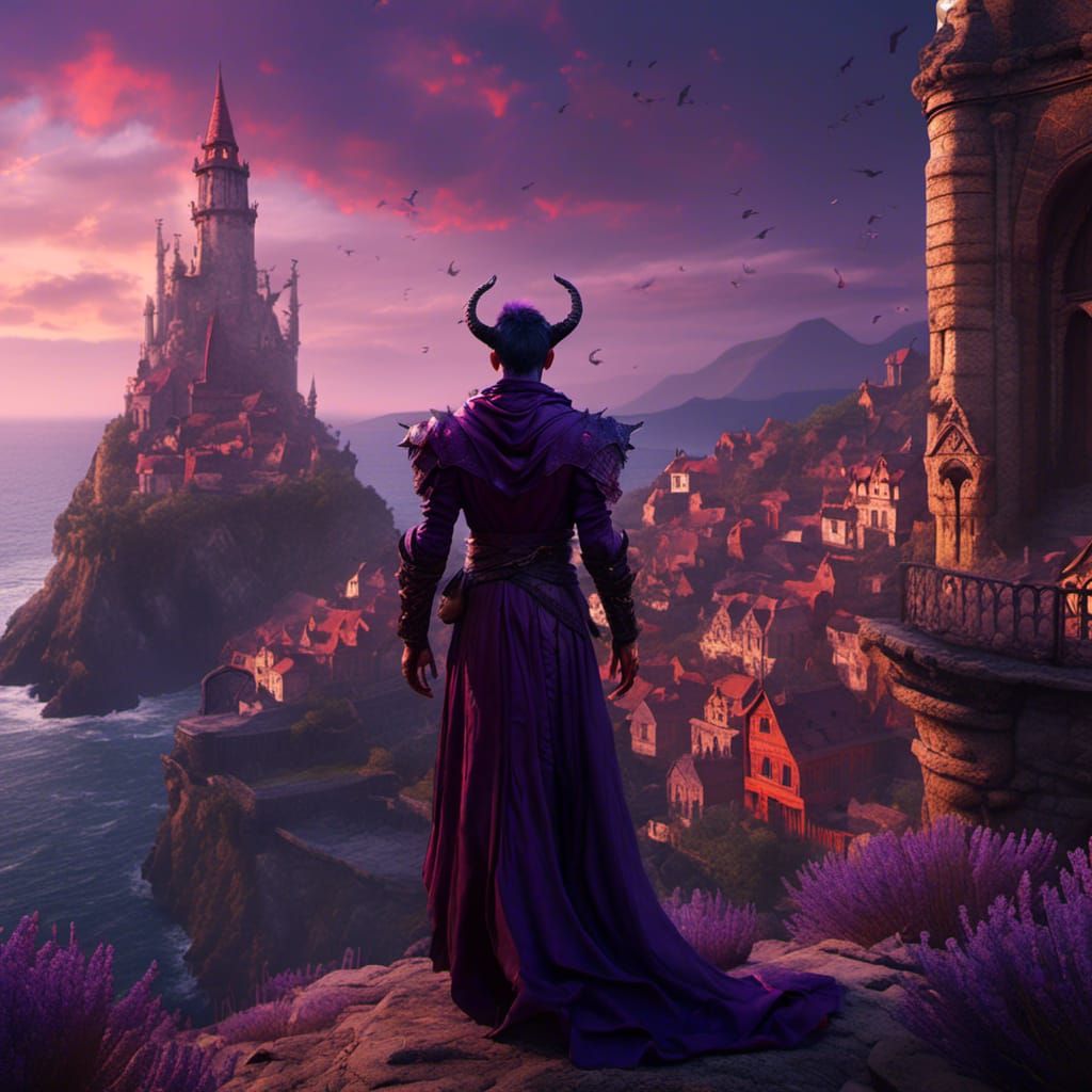 Tiefling Wizard in Red Silks by Seaside Tower