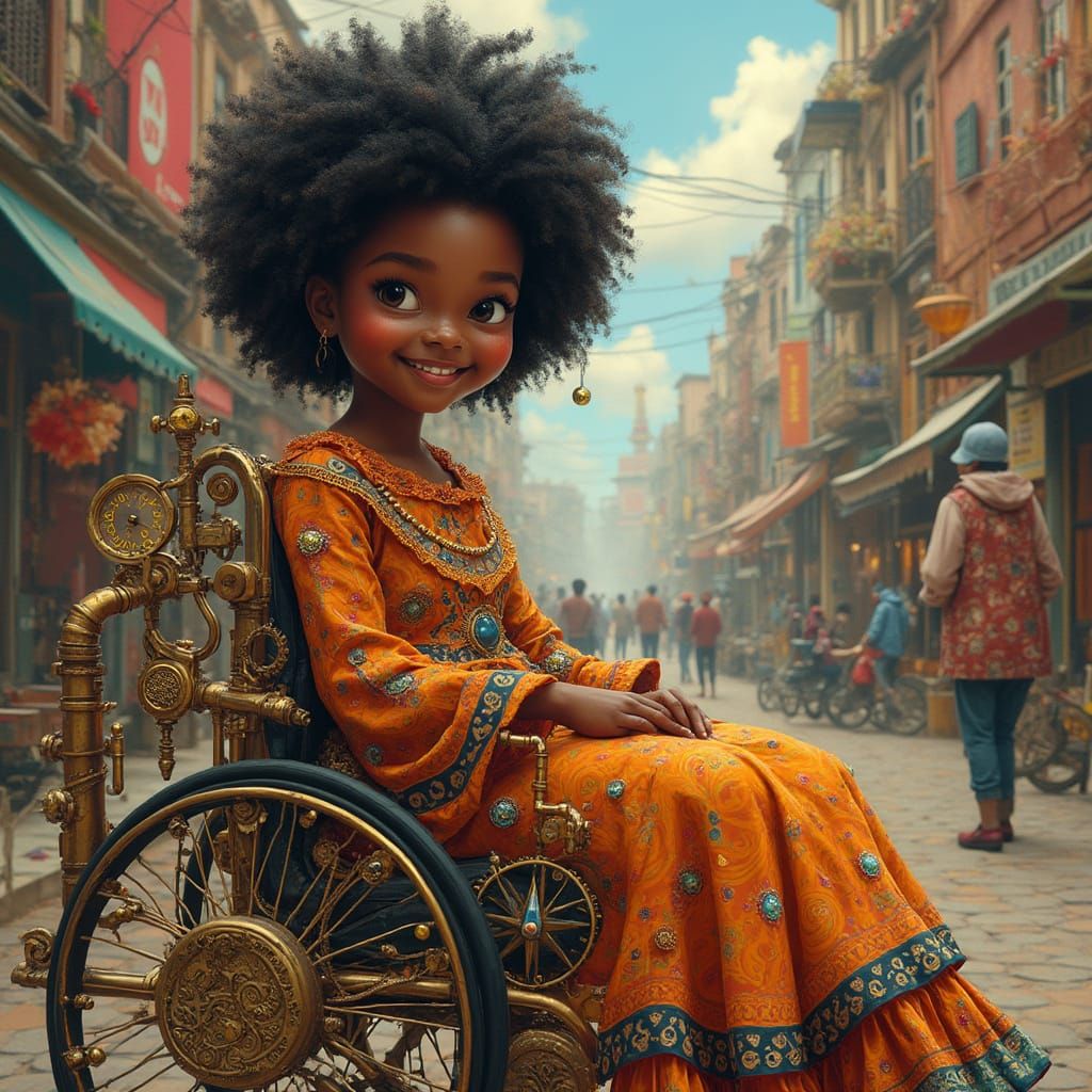 Steampunk Girl with Afro Textured Hair in Whimsical Street S...