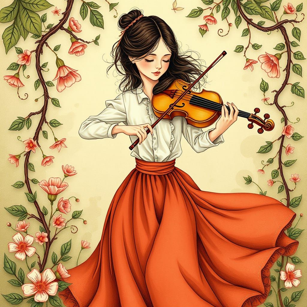 Ethereal Violinist in Whimsical Floral Dreamscape
