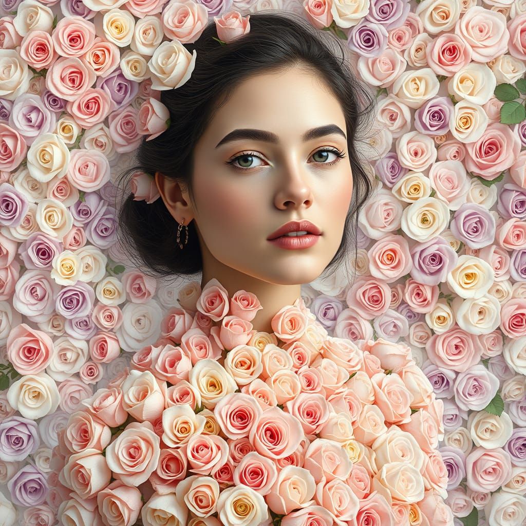 Hyperrealistic Portrait of a Rose Woman in Dreamy Floral Set...