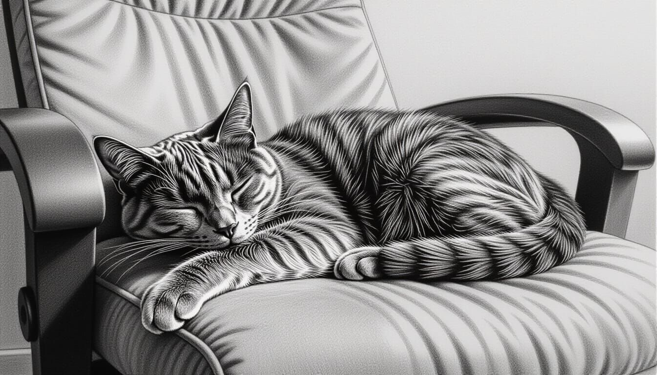 Grey Oriental Shorthair Cat Asleep in Charcoal Drawing Style