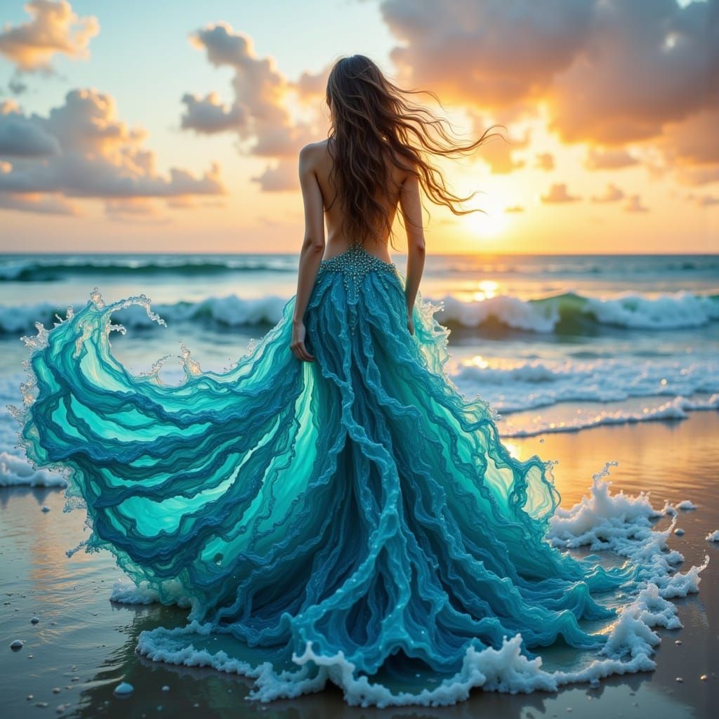 Surreal Beach Scene: Woman Merging with Ocean Waves