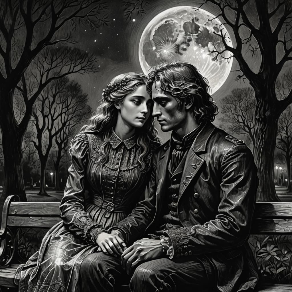 Lovers in Park: Gustave Doré Charcoal Art